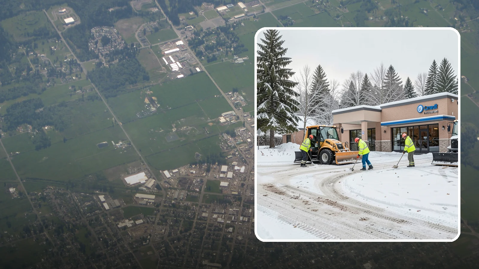 Credit Union Snow Removal in Enumclaw, King County, WA - We keep your credit union's member lots, drive-up lanes, and entrances safe so serving your community never stops for the weather.