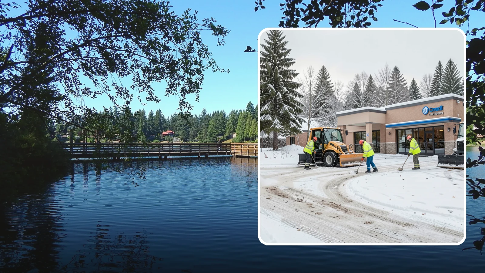 Credit Union Snow Removal in Federal Way, King County, WA - We keep your credit union's member lots, drive-up lanes, and entrances safe so serving your community never stops for the weather.