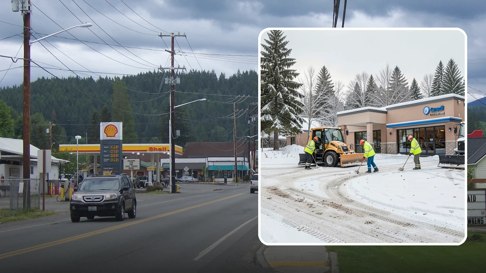 Credit Union Snow Removal in Granite Falls, Snohomish County, WA - We keep your credit union's member lots, drive-up lanes, and entrances safe so serving your community never stops for the weather.