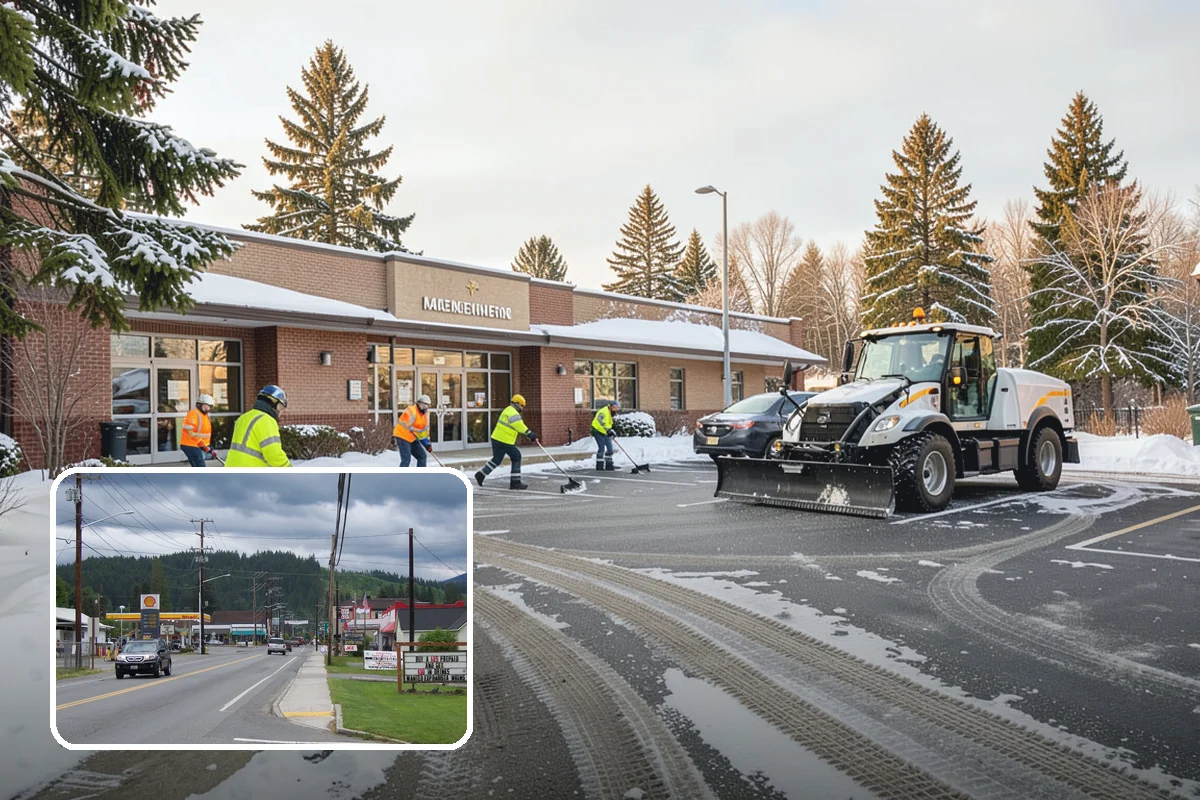 Credit Union Snow Removal in Granite Falls, Snohomish County, WA - Member lots and drive-up lanes cleared before hours