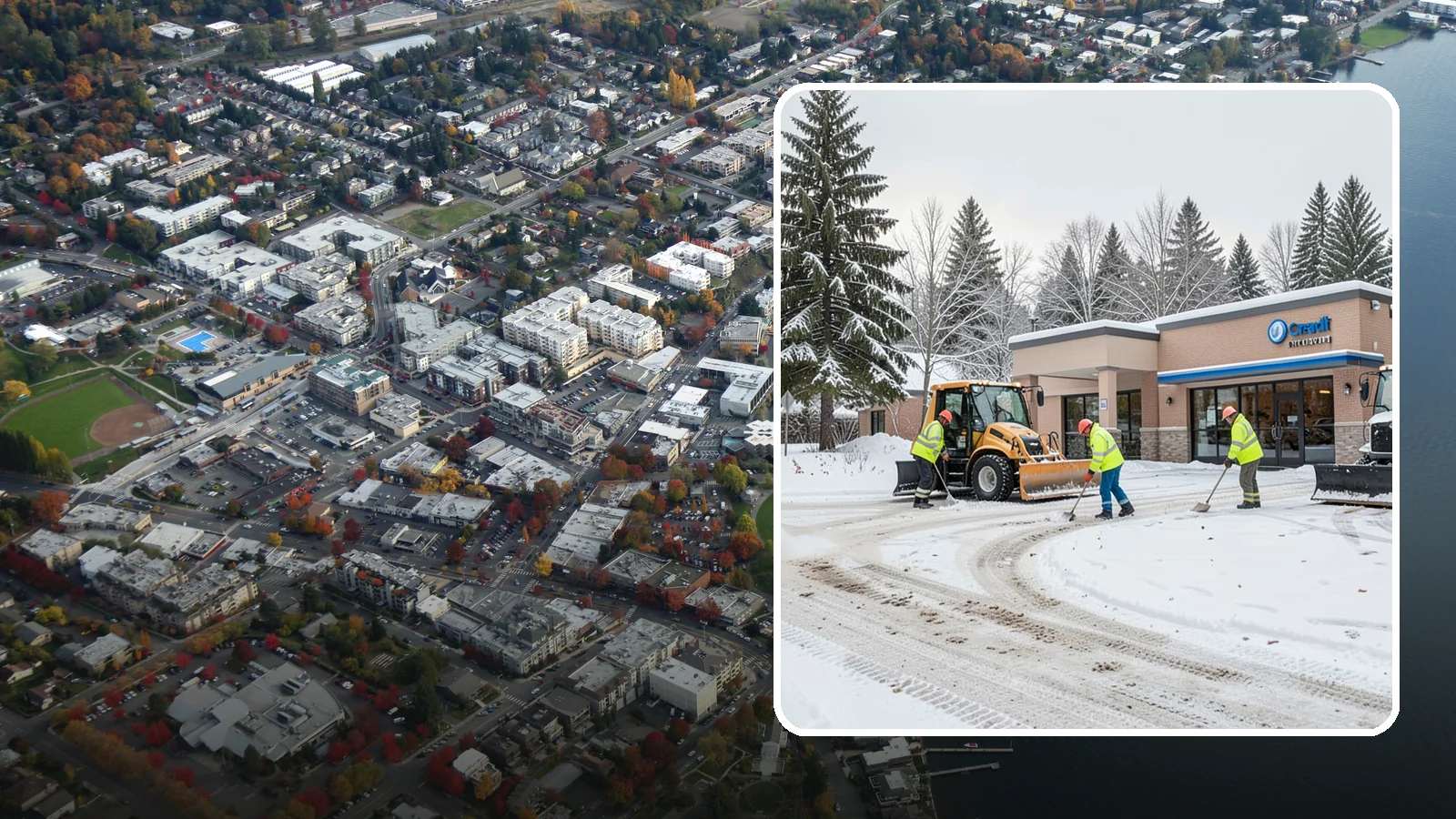 Credit Union Snow Removal in Kirkland, King County, WA - We keep your credit union's member lots, drive-up lanes, and entrances safe so serving your community never stops for the weather.
