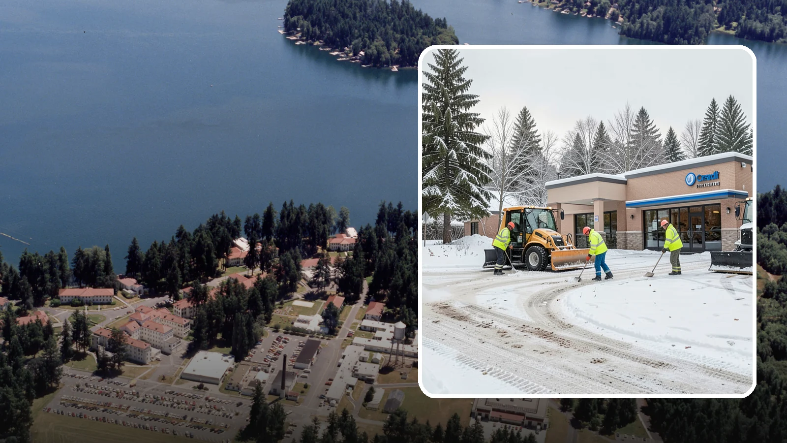 Credit Union Snow Removal in Lakewood, Pierce County, WA - We keep your credit union's member lots, drive-up lanes, and entrances safe so serving your community never stops for the weather.