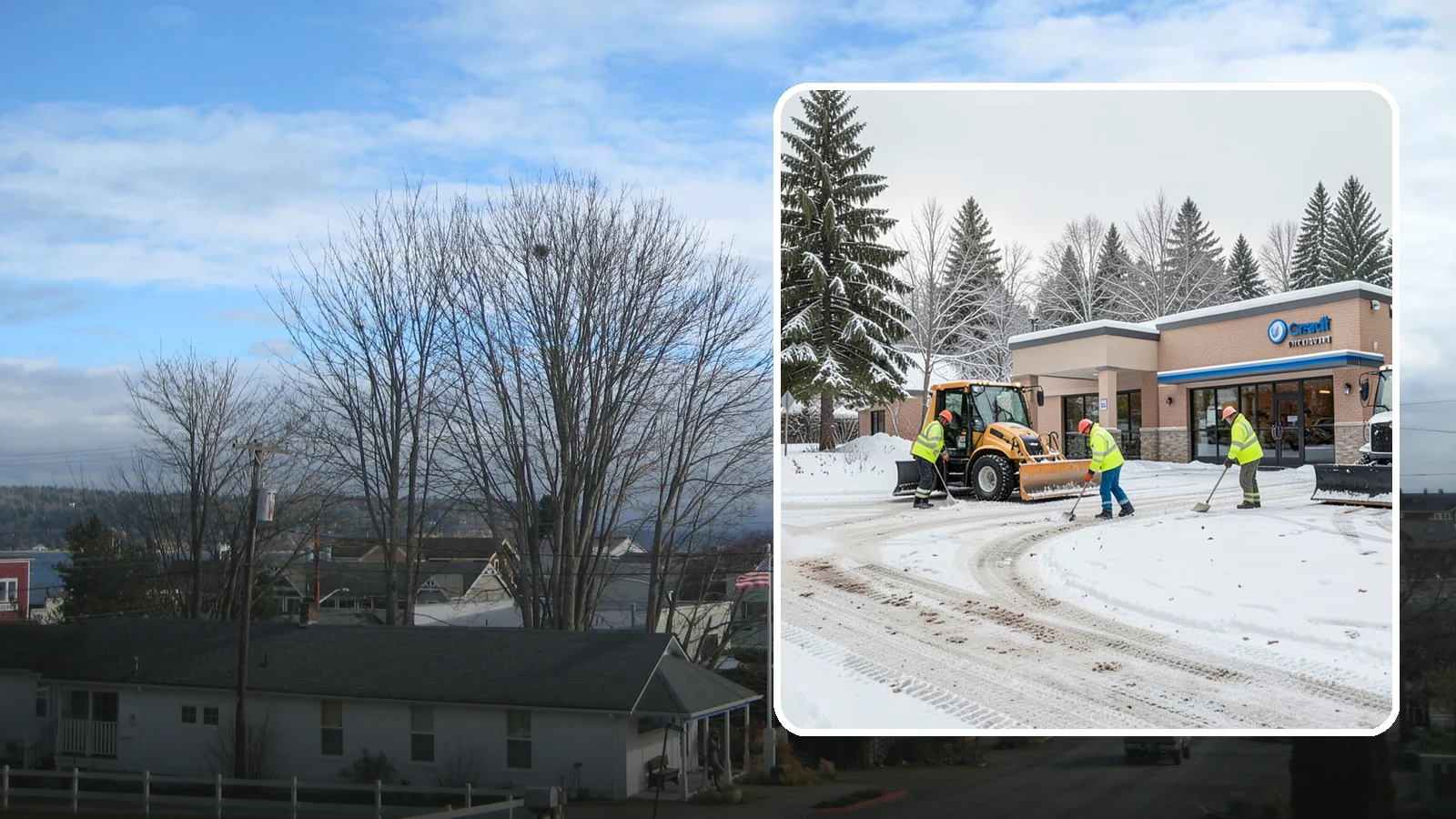 Credit Union Snow Removal in Langley, Island County, WA - We keep your credit union's member lots, drive-up lanes, and entrances safe so serving your community never stops for the weather.