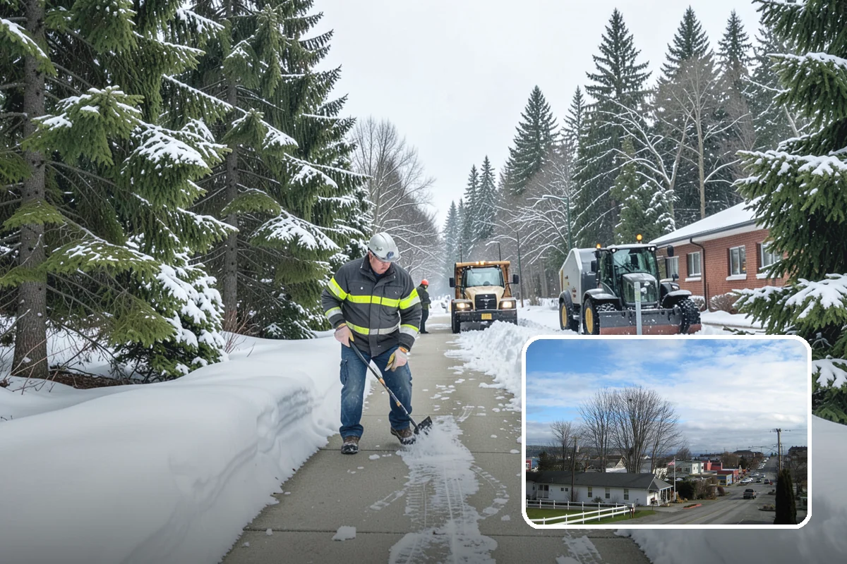 Credit Union Snow Removal in Langley, Island County, WA - Member lots and drive-up lanes cleared before hours