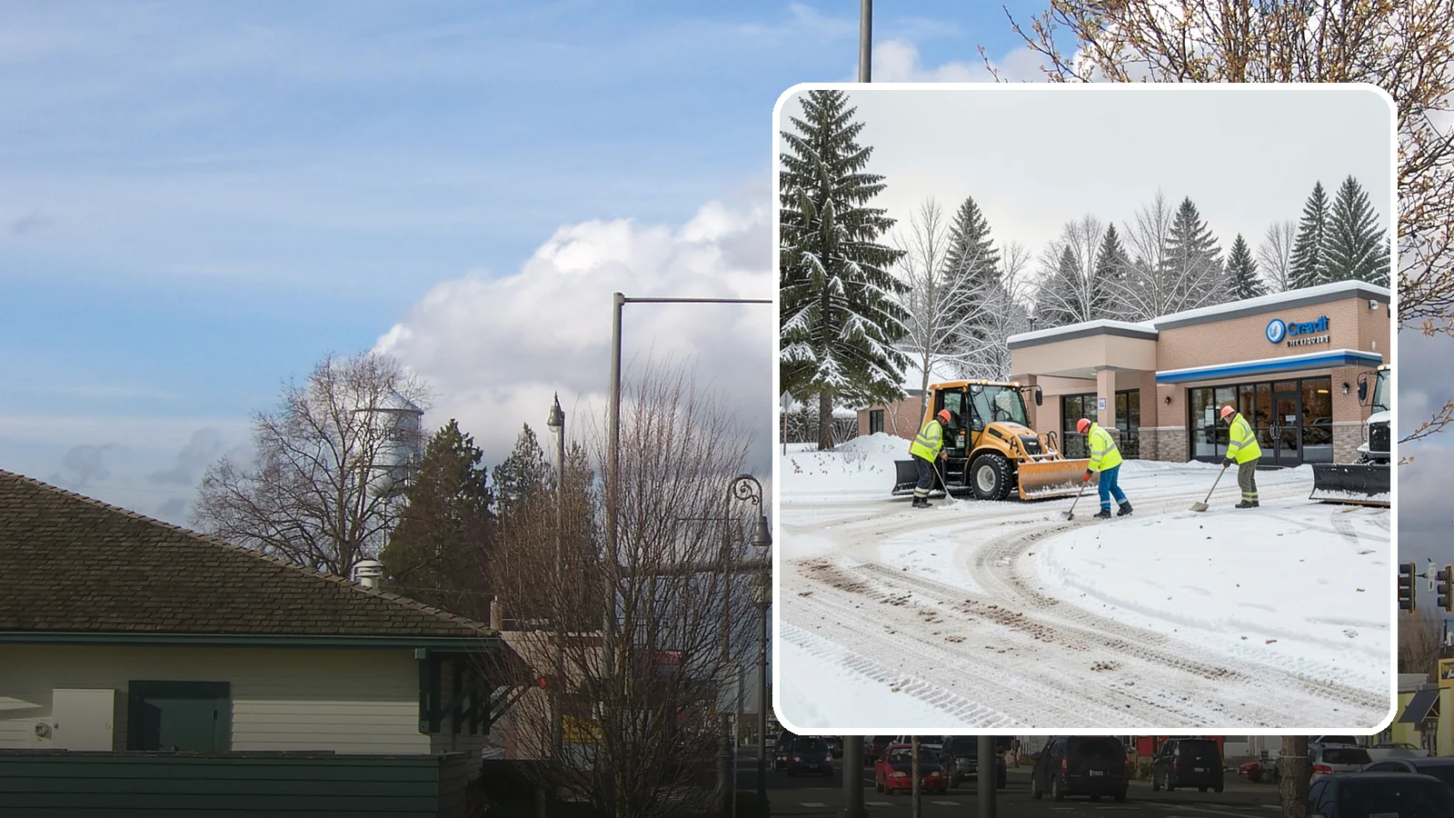 Credit Union Snow Removal in Marysville, Snohomish County, WA - We keep your credit union's member lots, drive-up lanes, and entrances safe so serving your community never stops for the weather.
