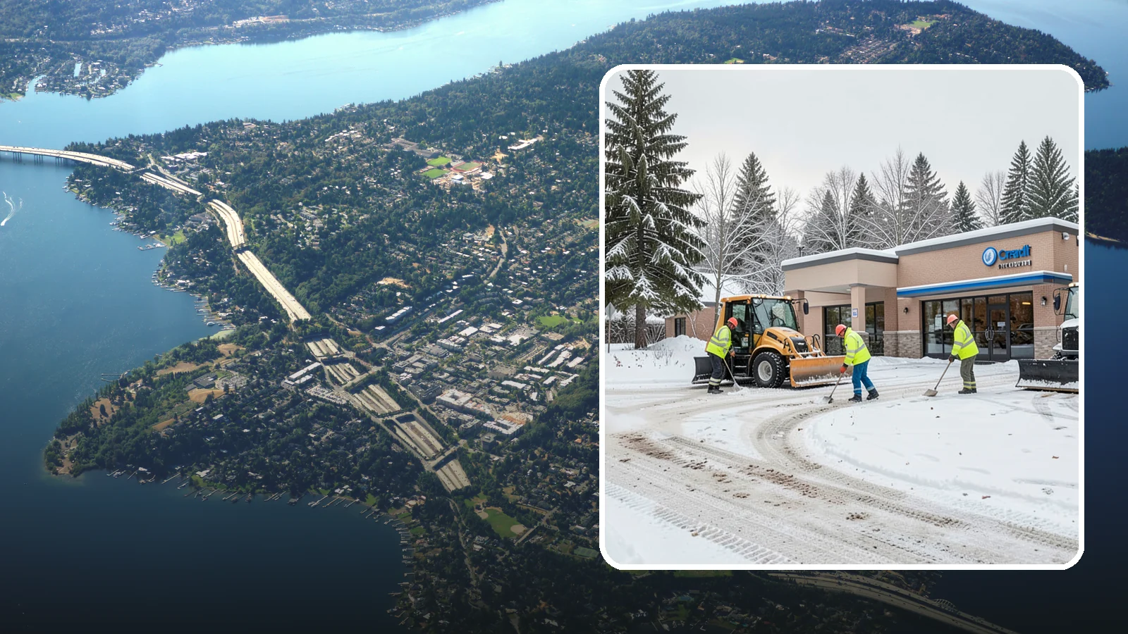 Credit Union Snow Removal in Mercer Island, King County, WA - We keep your credit union's member lots, drive-up lanes, and entrances safe so serving your community never stops for the weather.