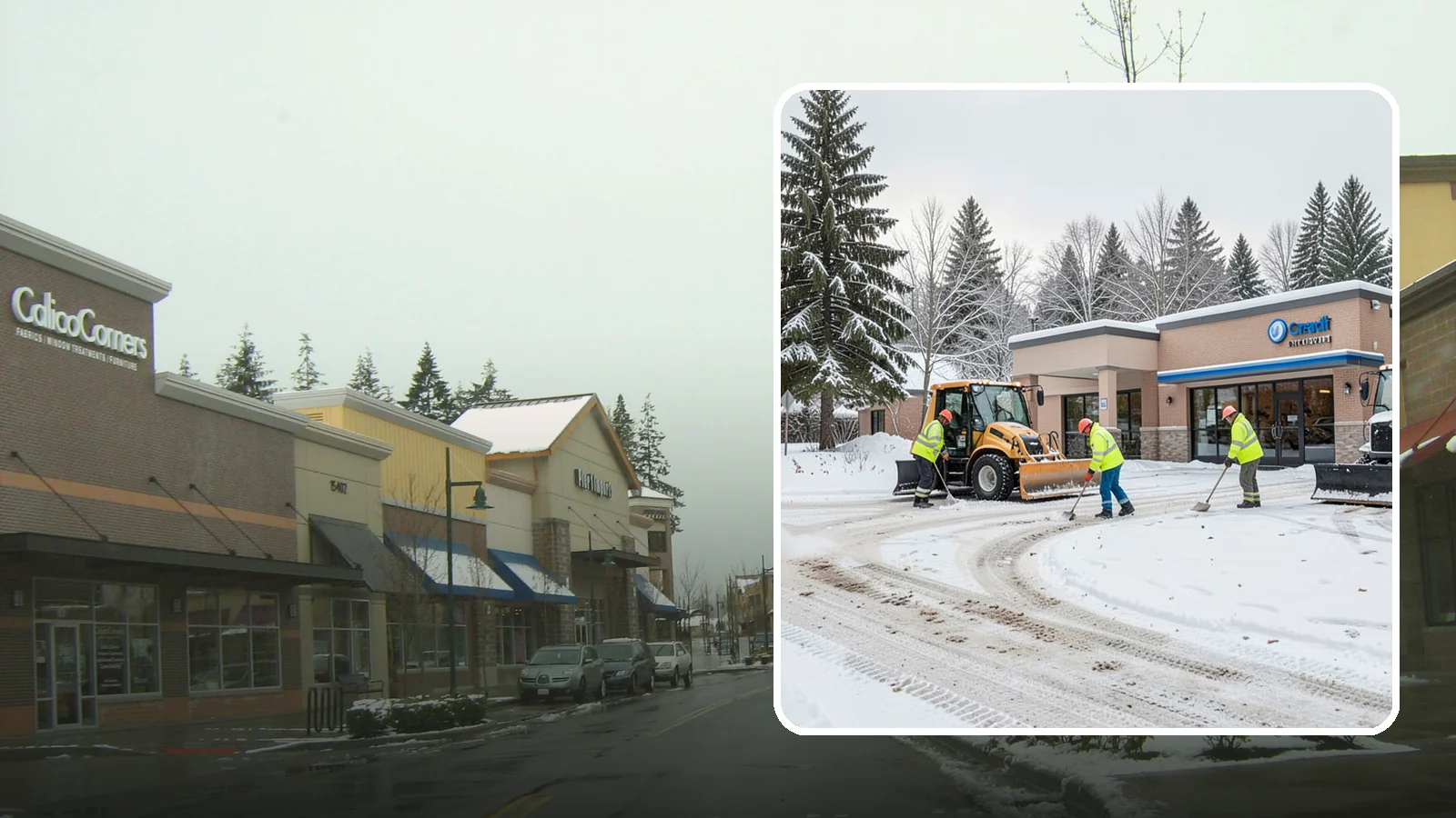 Credit Union Snow Removal in Mill Creek, Snohomish County, WA - We keep your credit union's member lots, drive-up lanes, and entrances safe so serving your community never stops for the weather.