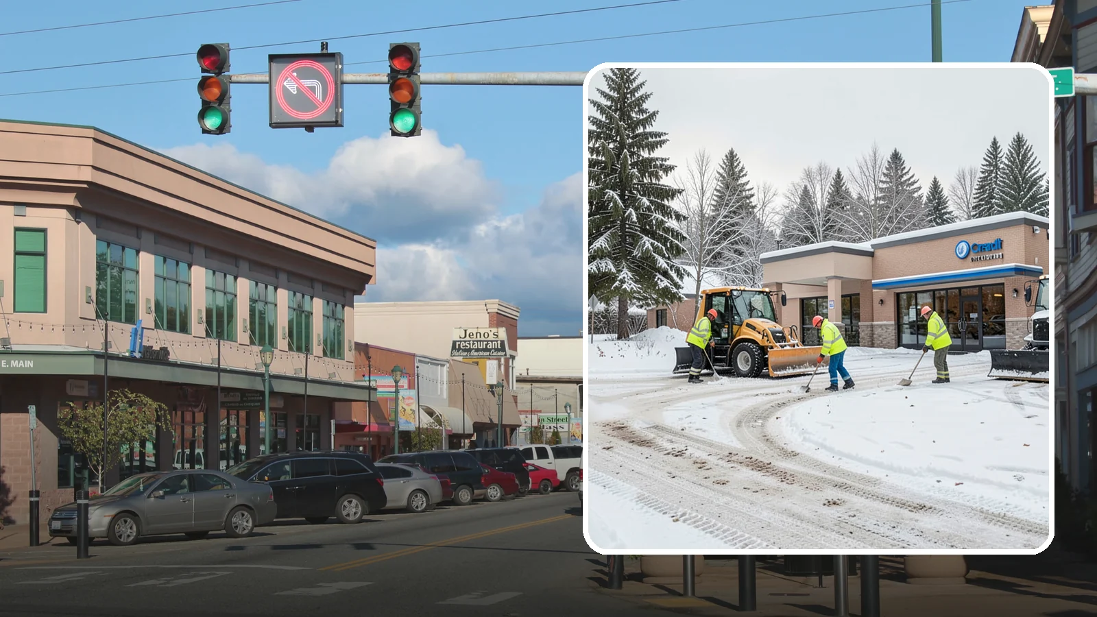 Credit Union Snow Removal in Monroe, Snohomish County, WA - We keep your credit union's member lots, drive-up lanes, and entrances safe so serving your community never stops for the weather.
