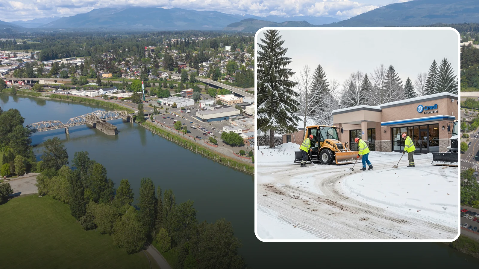 Credit Union Snow Removal in Mount Vernon, Skagit County, WA - We keep your credit union's member lots, drive-up lanes, and entrances safe so serving your community never stops for the weather.