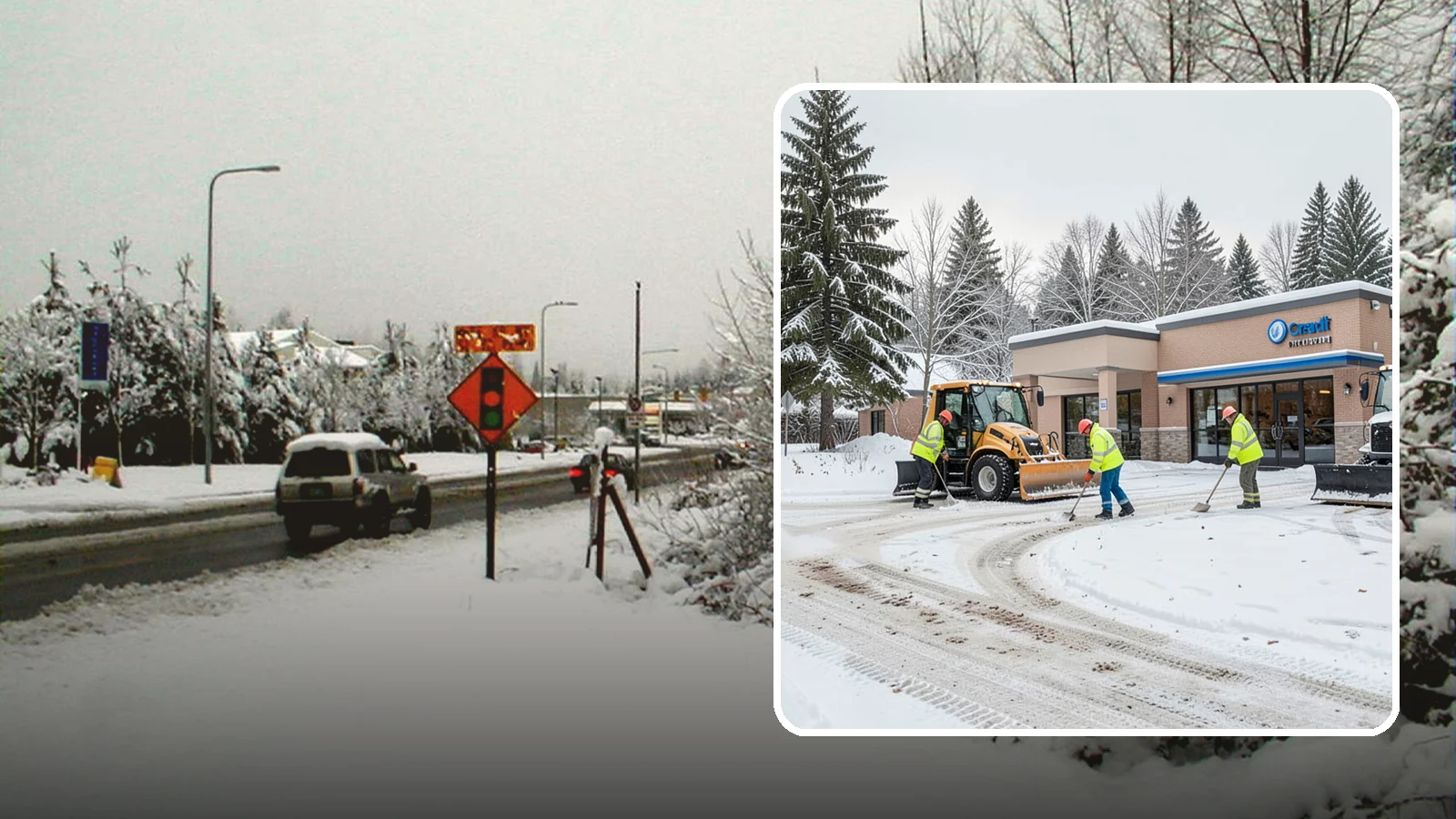 Credit Union Snow Removal in Newcastle, King County, WA - We keep your credit union's member lots, drive-up lanes, and entrances safe so serving your community never stops for the weather.