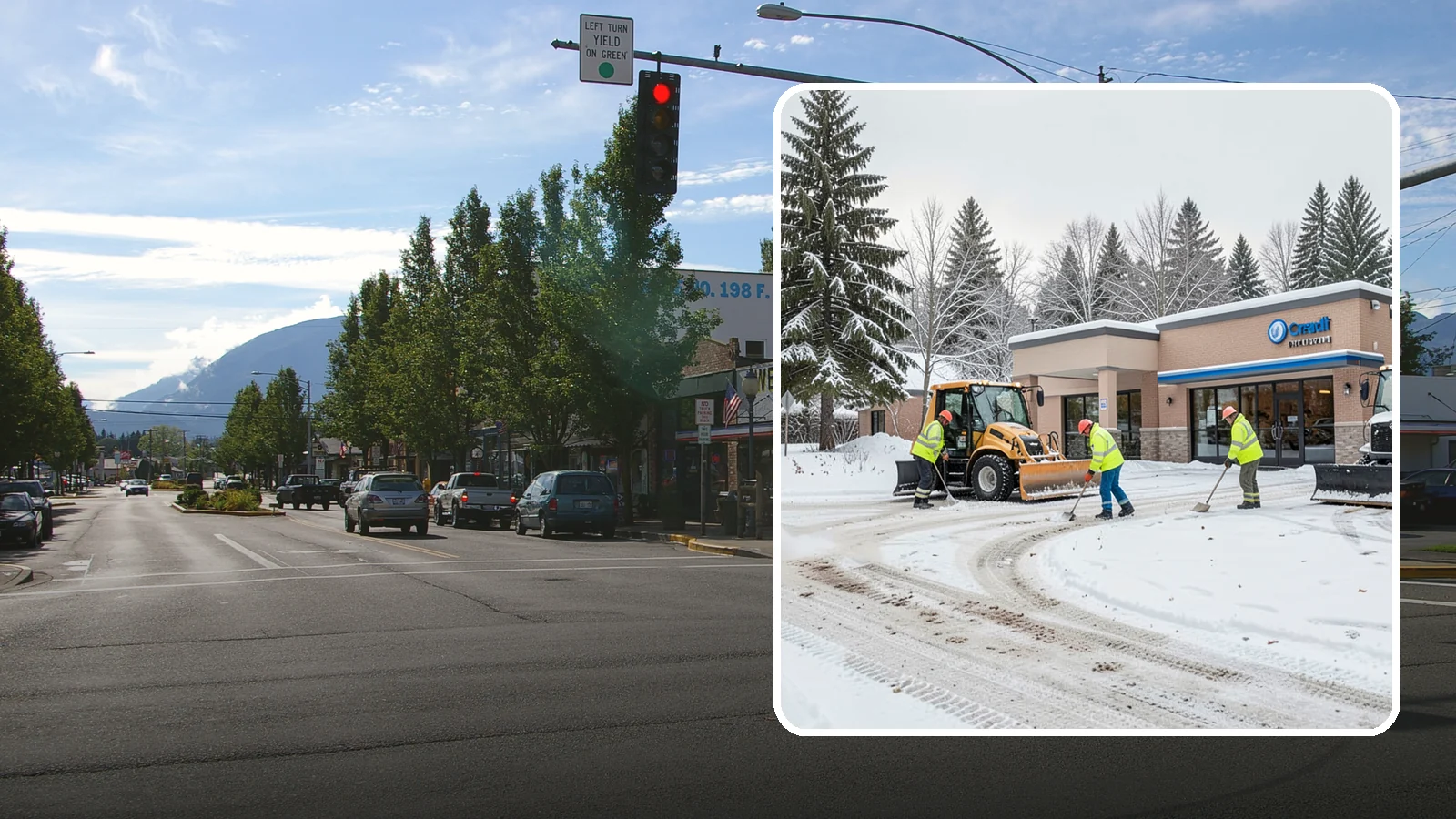 Credit Union Snow Removal in North Bend, King County, WA - We keep your credit union's member lots, drive-up lanes, and entrances safe so serving your community never stops for the weather.