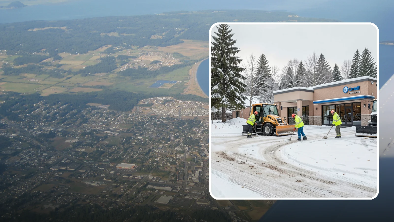 Credit Union Snow Removal in Oak Harbor, Island County, WA - We keep your credit union's member lots, drive-up lanes, and entrances safe so serving your community never stops for the weather.