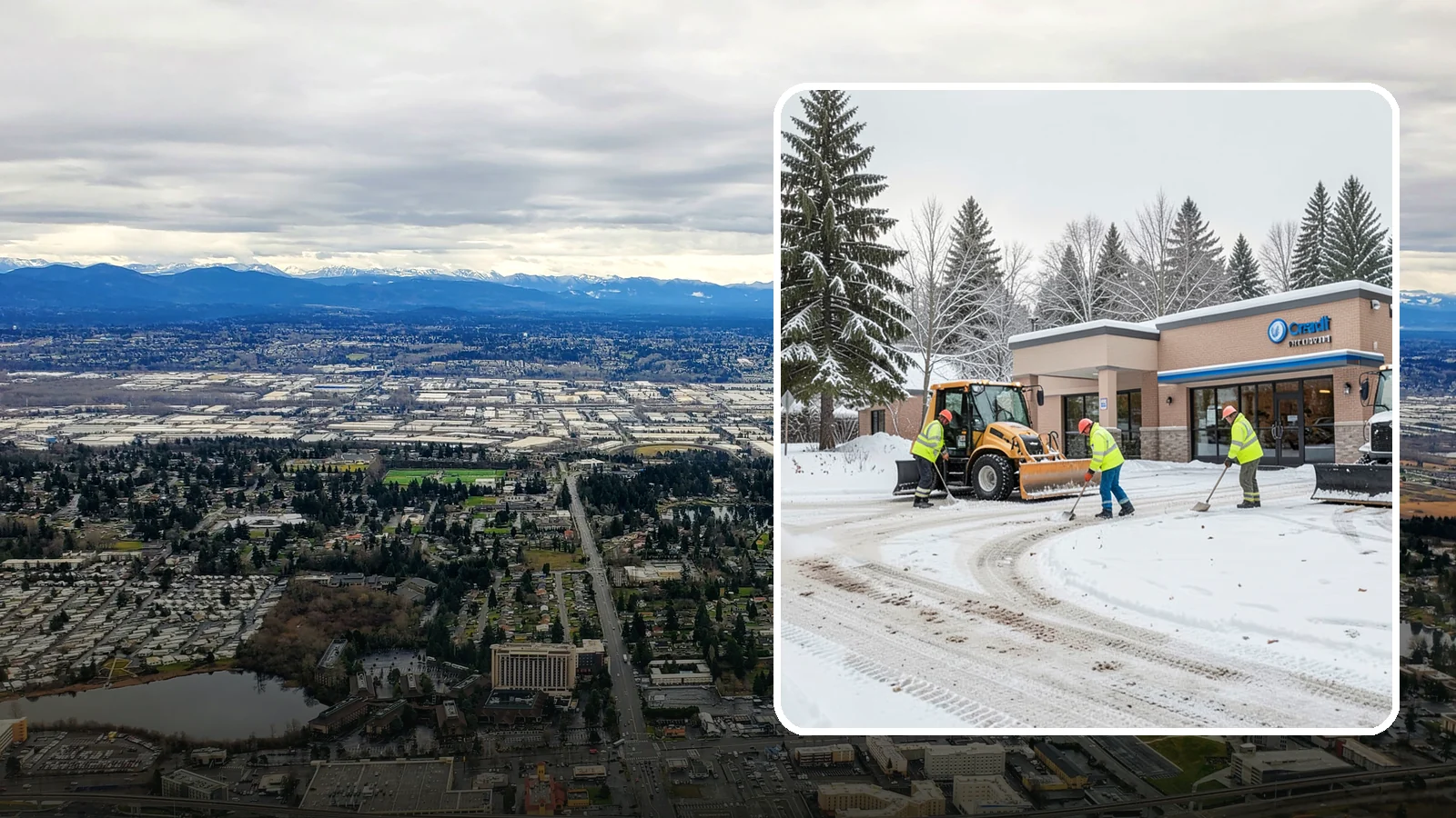 Credit Union Snow Removal in SeaTac, King County, WA - We keep your credit union's member lots, drive-up lanes, and entrances safe so serving your community never stops for the weather.