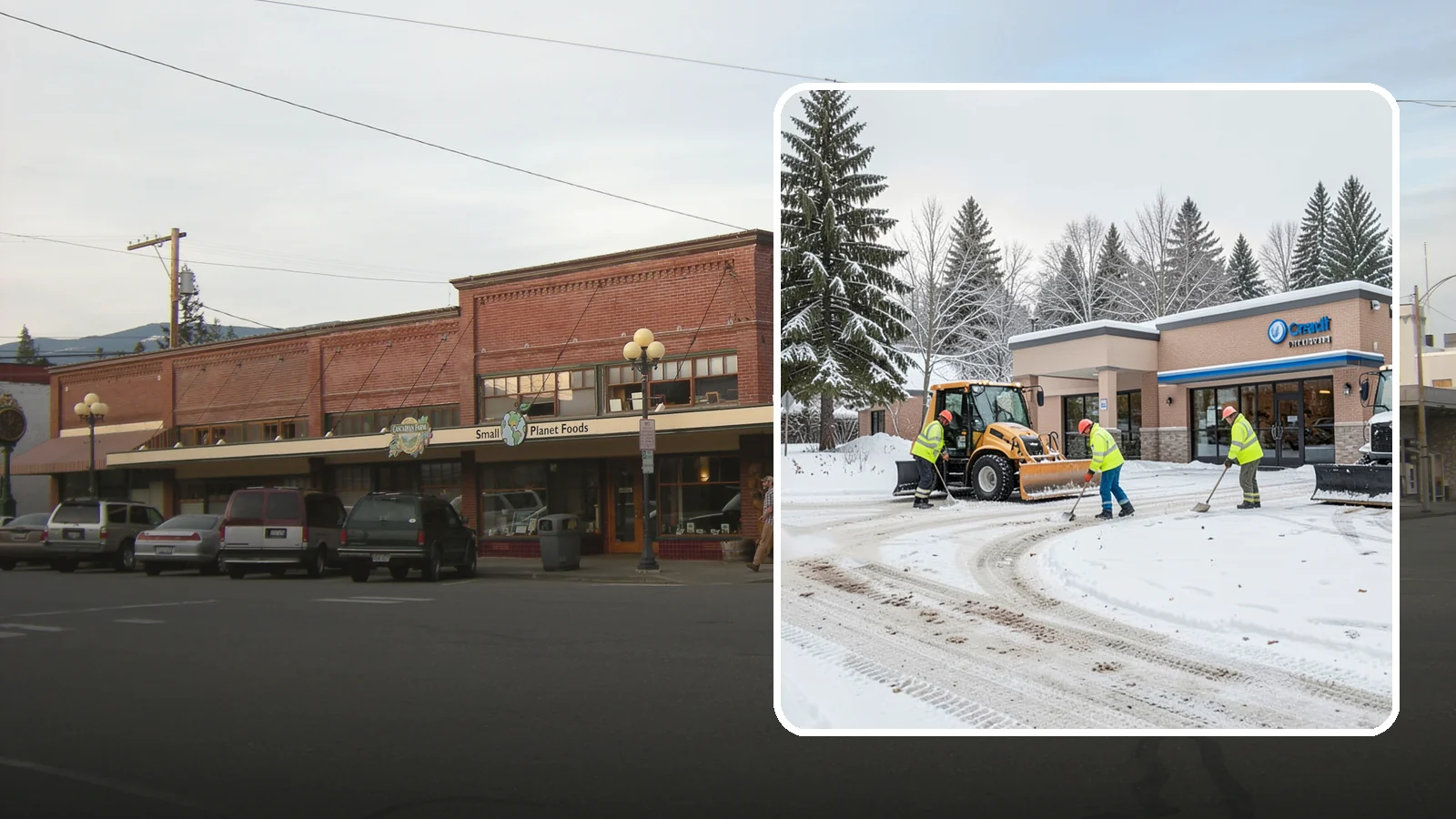 Credit Union Snow Removal in Sedro-Woolley, Skagit County, WA - We keep your credit union's member lots, drive-up lanes, and entrances safe so serving your community never stops for the weather.