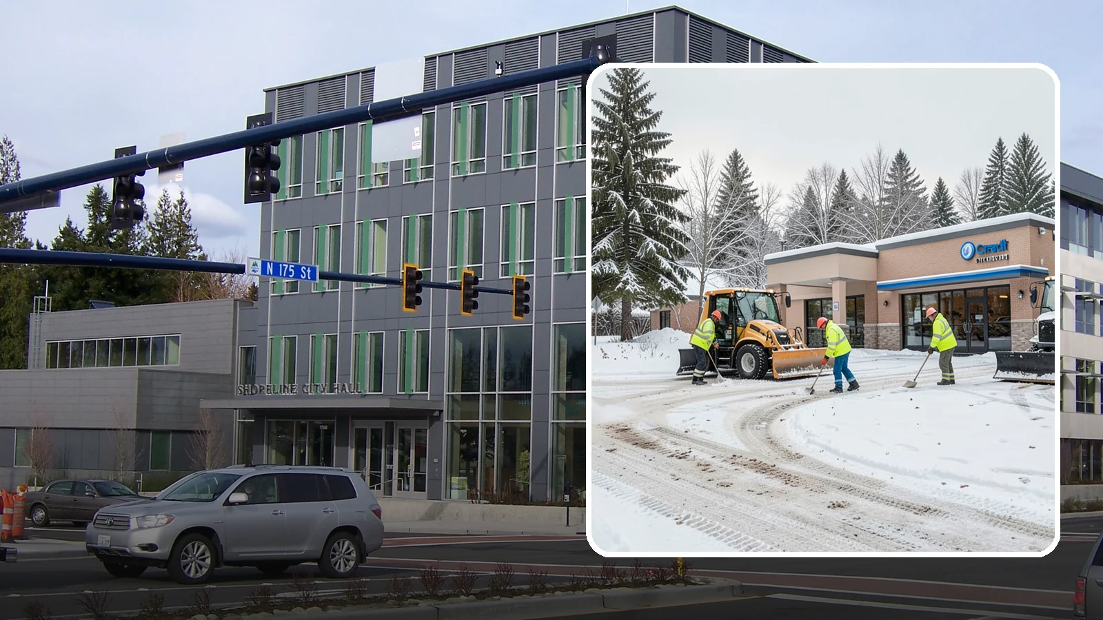 Credit Union Snow Removal in Shoreline, King County, WA - We keep your credit union's member lots, drive-up lanes, and entrances safe so serving your community never stops for the weather.
