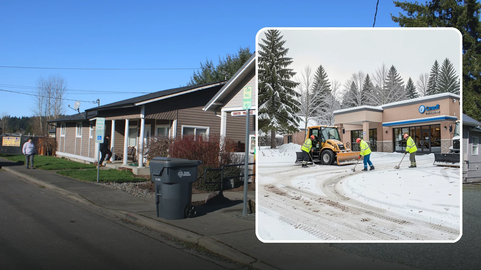 Credit Union Snow Removal in South Prairie, Pierce County, WA - We keep your credit union's member lots, drive-up lanes, and entrances safe so serving your community never stops for the weather.