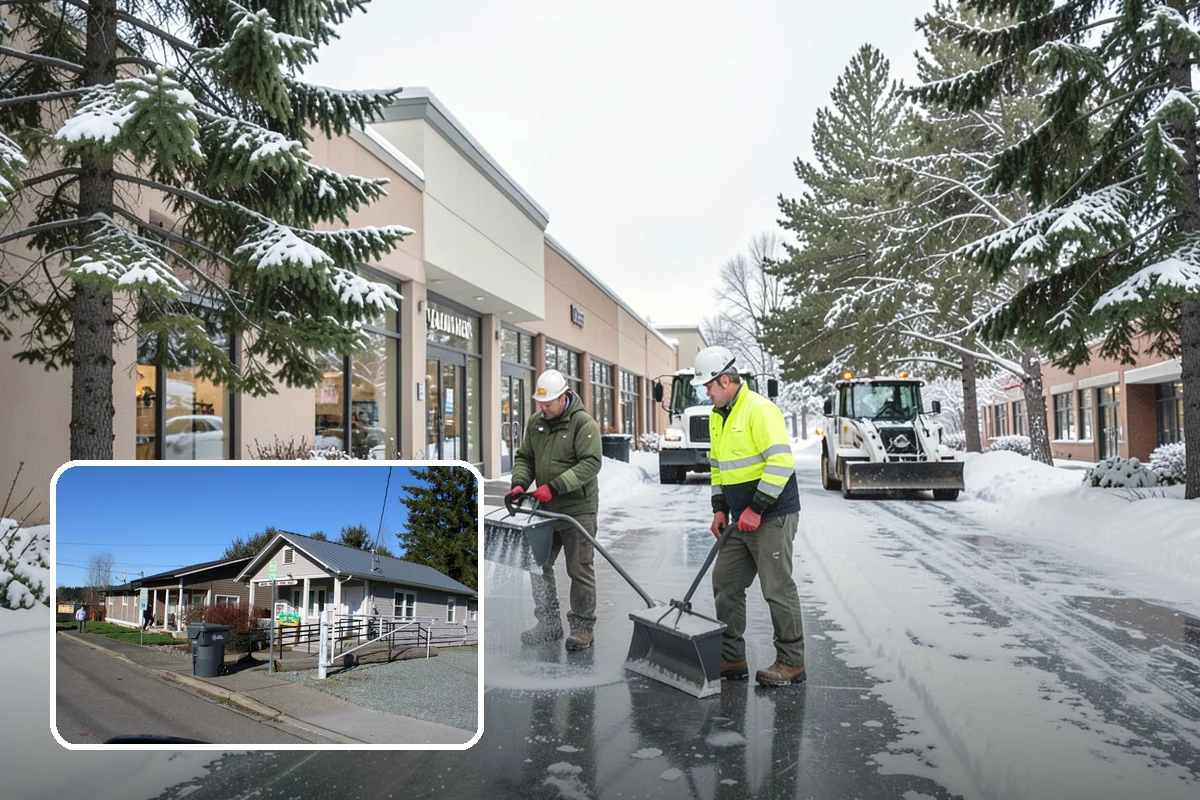 Credit Union Snow Removal in South Prairie, Pierce County, WA - Member lots and drive-up lanes cleared before hours