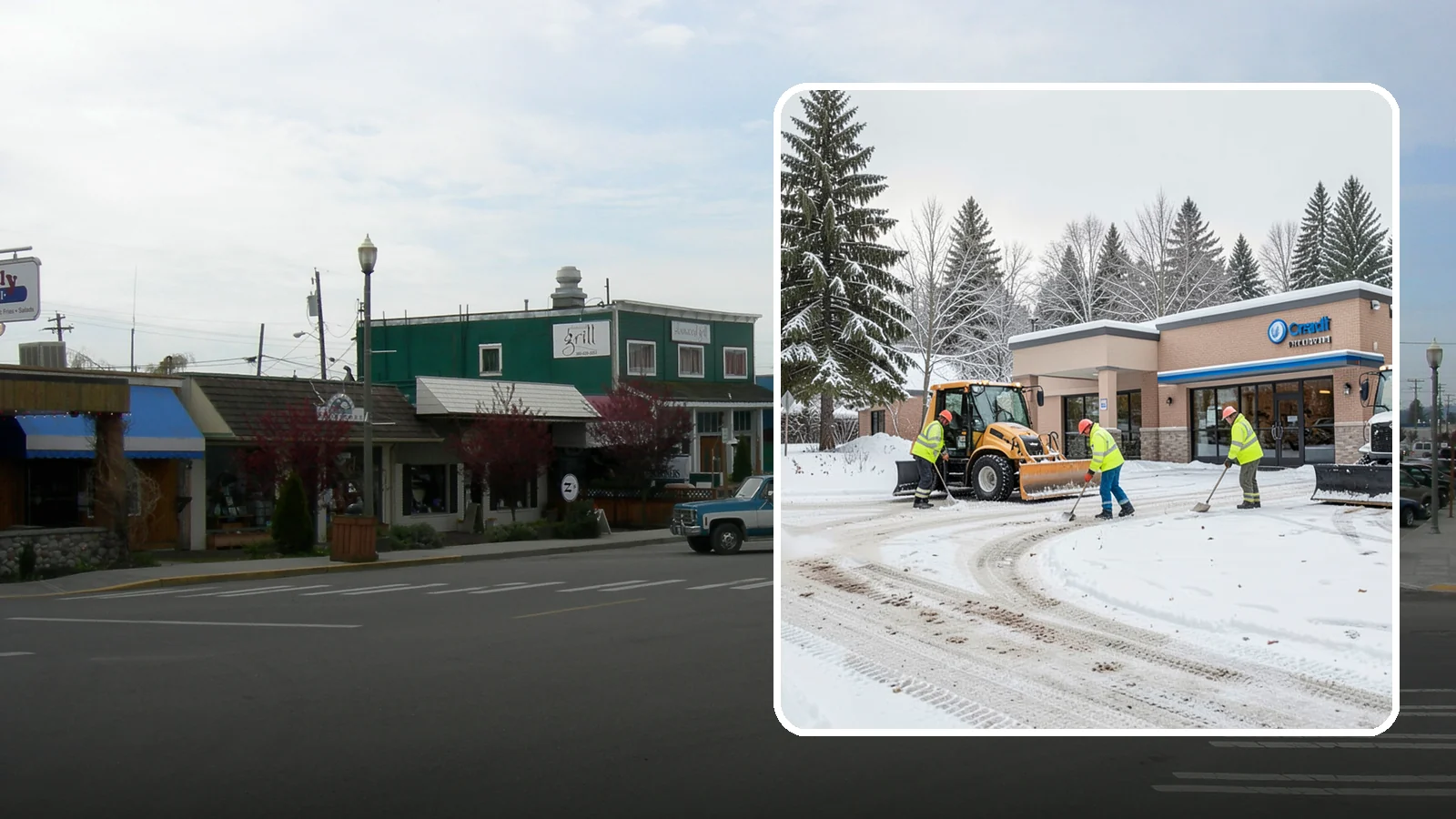 Credit Union Snow Removal in Stanwood, Snohomish County, WA - We keep your credit union's member lots, drive-up lanes, and entrances safe so serving your community never stops for the weather.