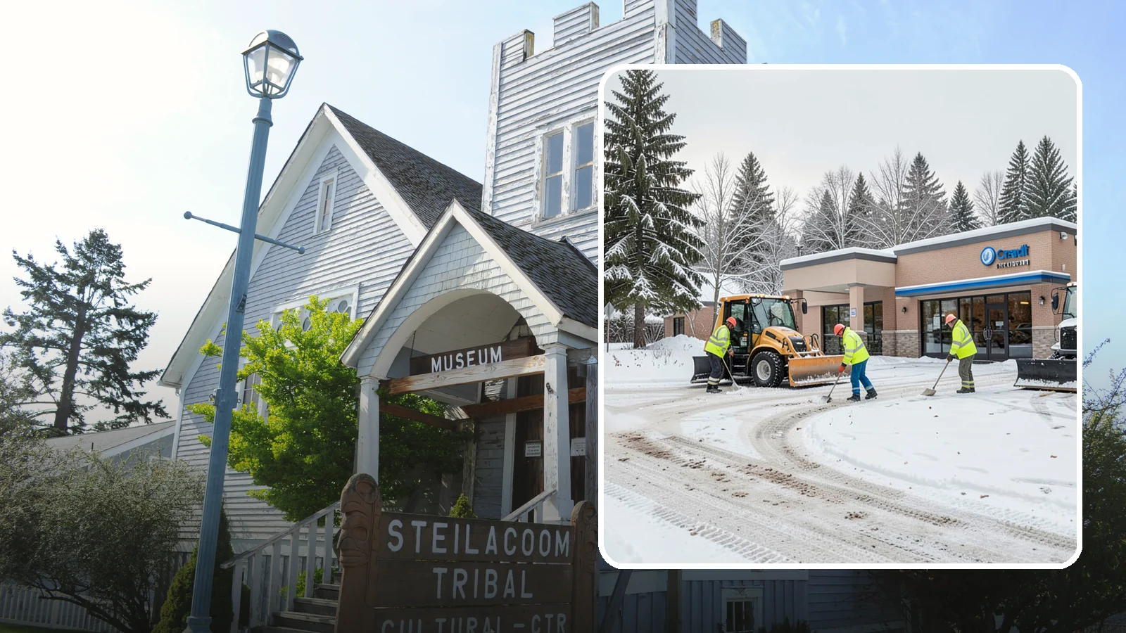 Credit Union Snow Removal in Steilacoom, Pierce County, WA - We keep your credit union's member lots, drive-up lanes, and entrances safe so serving your community never stops for the weather.