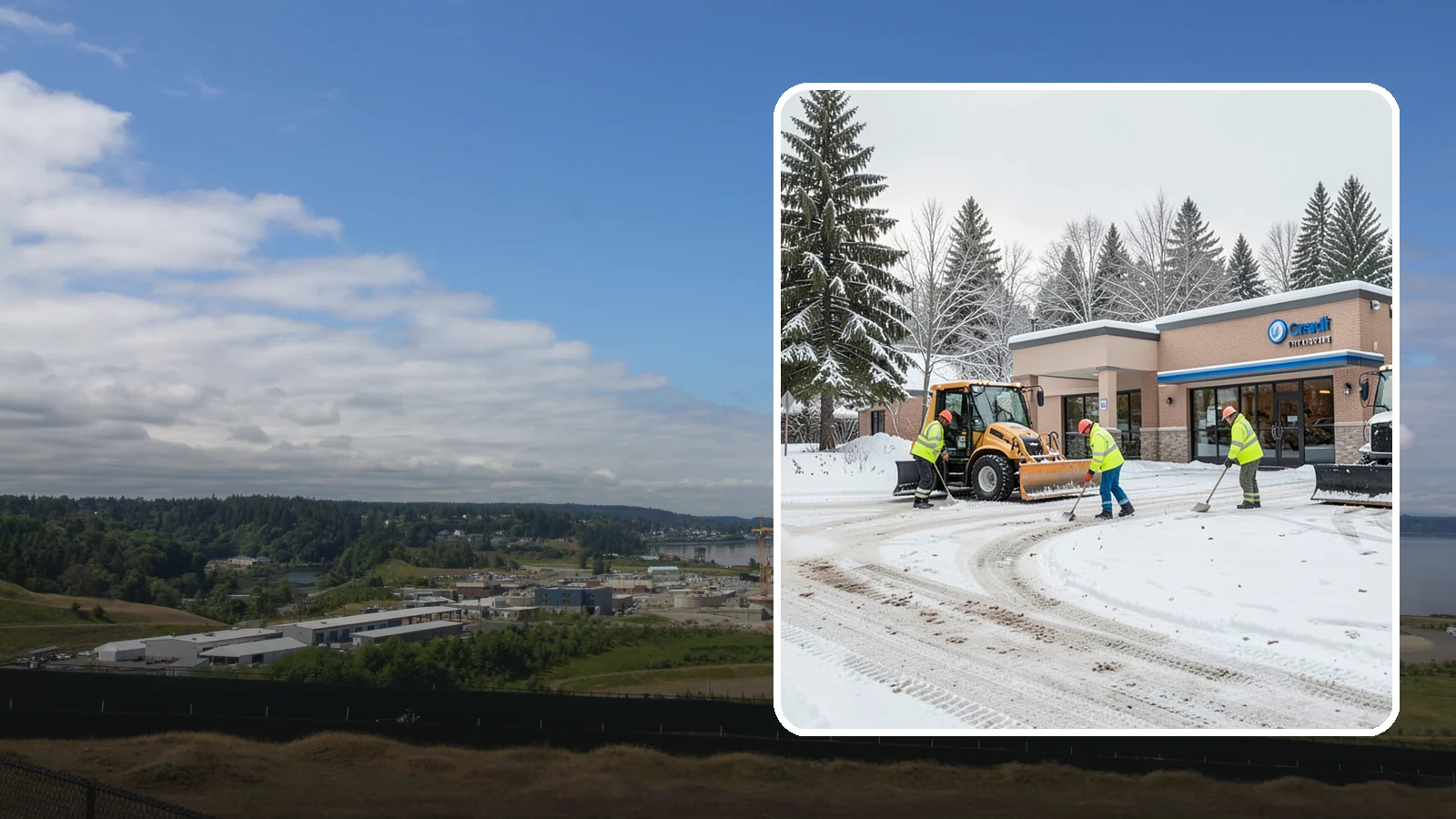 Credit Union Snow Removal in University Place, Pierce County, WA - We keep your credit union's member lots, drive-up lanes, and entrances safe so serving your community never stops for the weather.