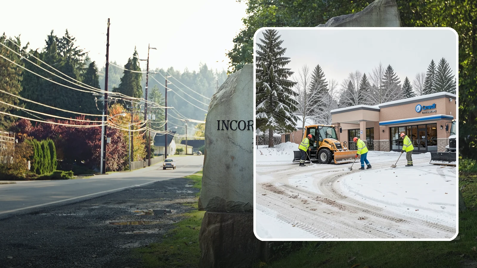 Credit Union Snow Removal in Wilkeson, Pierce County, WA - We keep your credit union's member lots, drive-up lanes, and entrances safe so serving your community never stops for the weather.