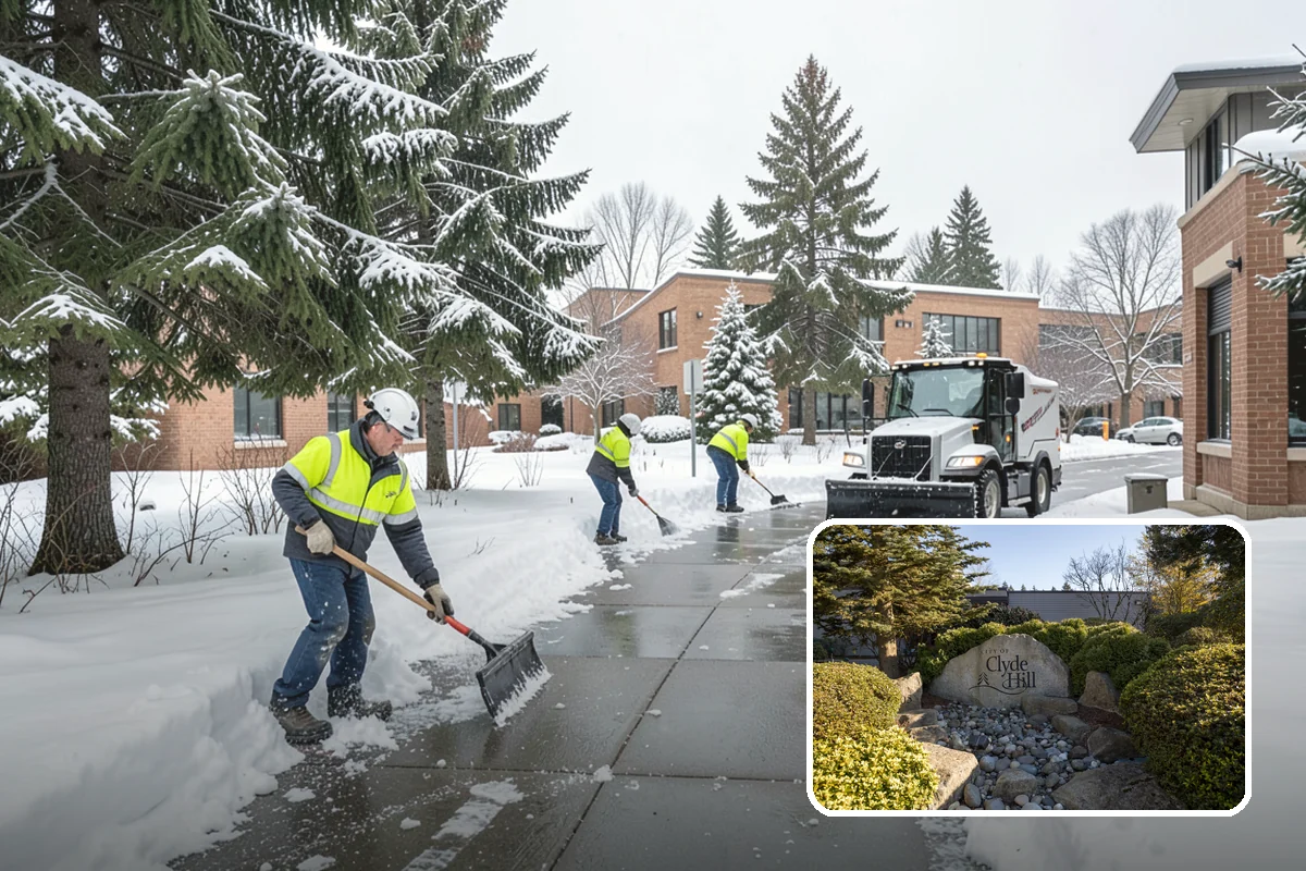 Crosswalk Clearing in Clyde Hill, King County, WA - Removes both fallen snow and the plow berm at the curbs