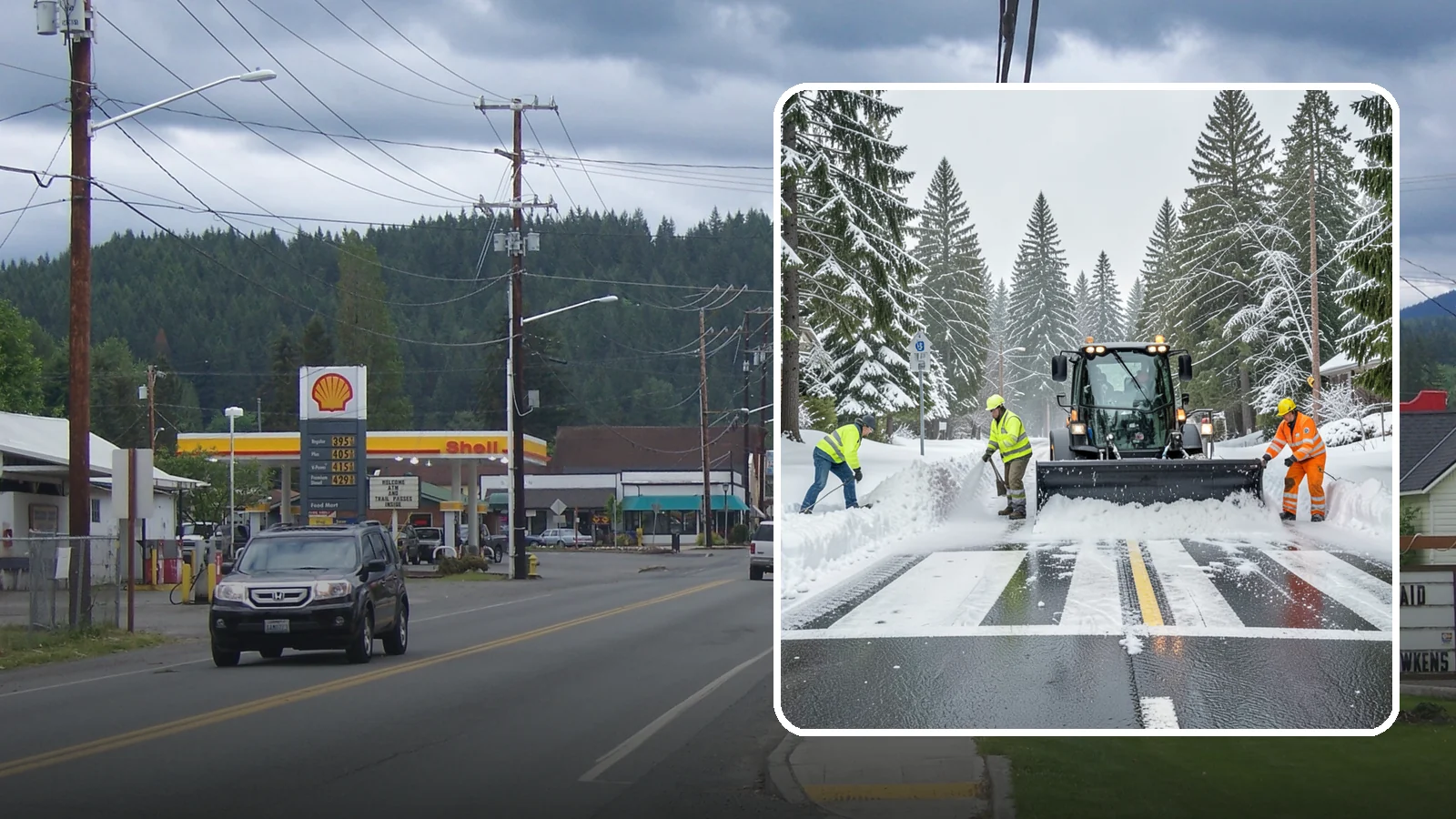 Crosswalk Clearing in Granite Falls, Snohomish County, WA - Clearing of crosswalks and pedestrian crossings so foot traffic can cross safely where plow berms tend to pile up.