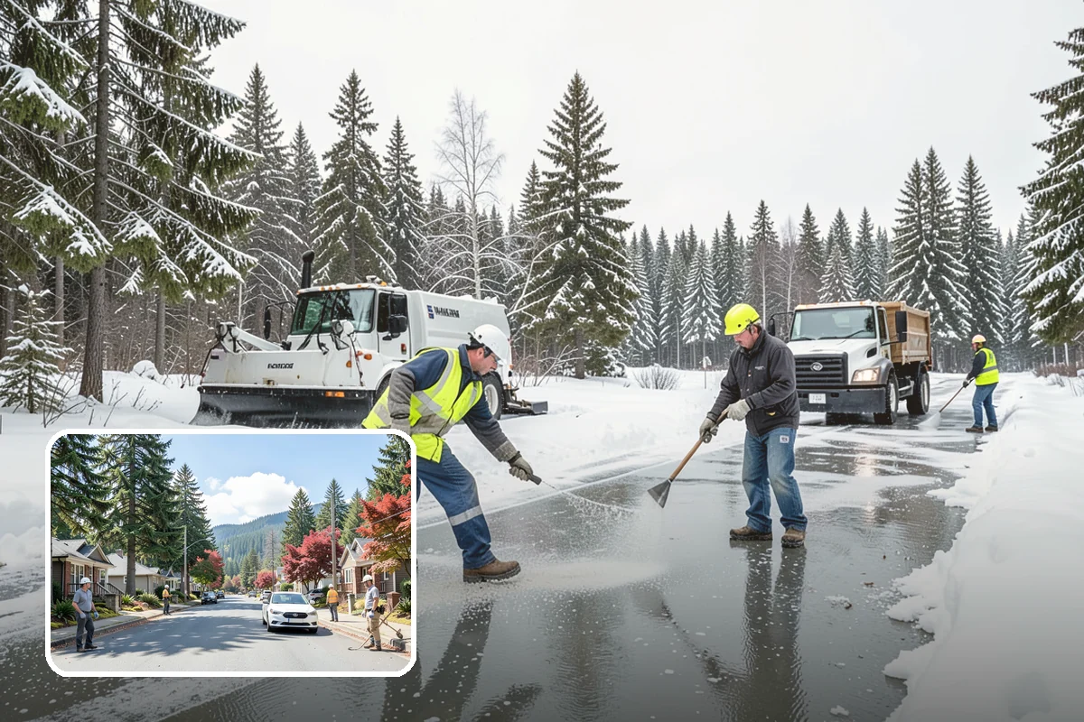 Crosswalk Clearing in Hunts Point, King County, WA - Removes both fallen snow and the plow berm at the curbs
