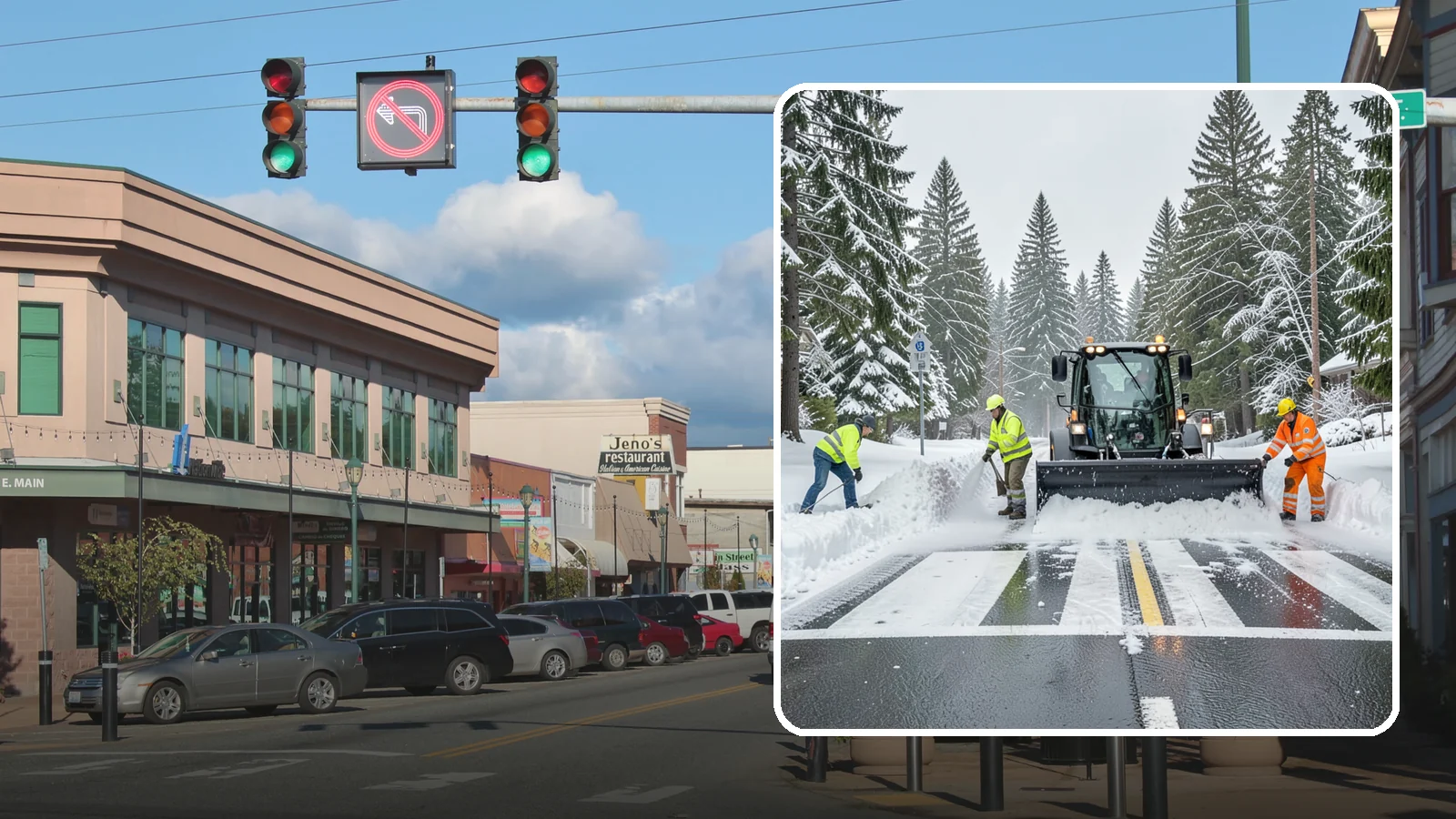 Crosswalk Clearing in Monroe, Snohomish County, WA - Clearing of crosswalks and pedestrian crossings so foot traffic can cross safely where plow berms tend to pile up.