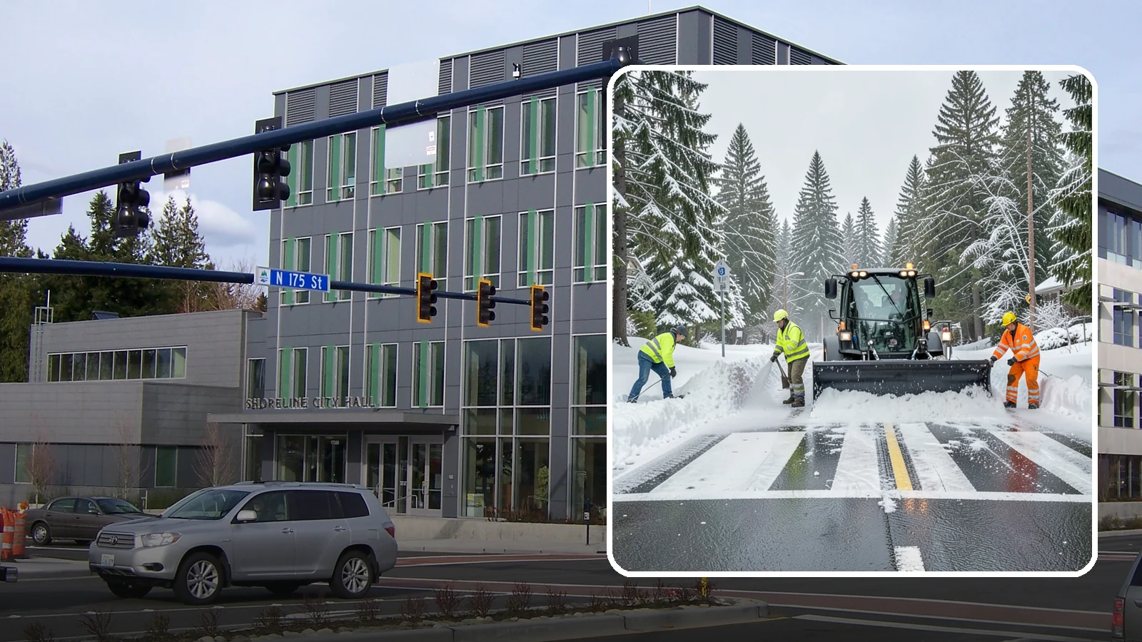Crosswalk Clearing in Shoreline, King County, WA - Clearing of crosswalks and pedestrian crossings so foot traffic can cross safely where plow berms tend to pile up.