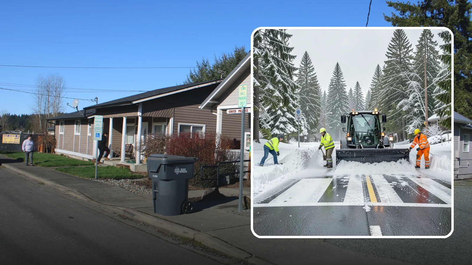 Crosswalk Clearing in South Prairie, Pierce County, WA - Clearing of crosswalks and pedestrian crossings so foot traffic can cross safely where plow berms tend to pile up.
