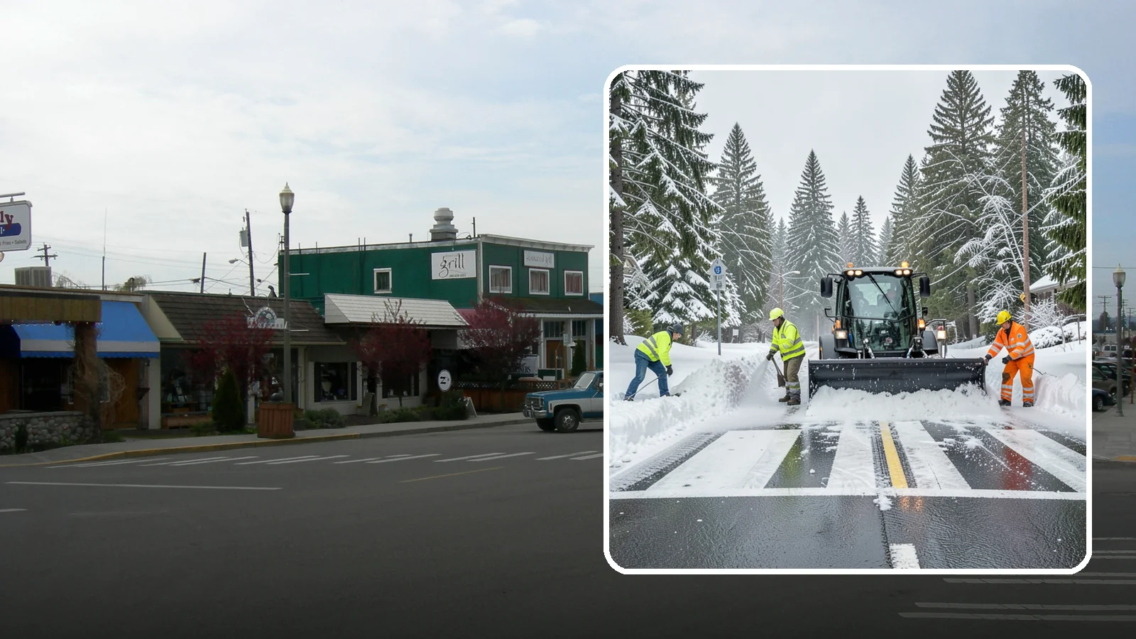 Crosswalk Clearing in Stanwood, Snohomish County, WA - Clearing of crosswalks and pedestrian crossings so foot traffic can cross safely where plow berms tend to pile up.