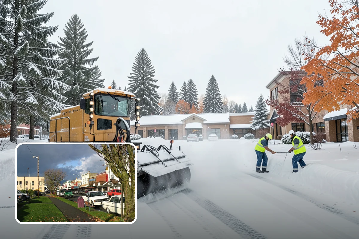 Daycare Parking Lot Snow Removal in Arlington, Snohomish County, WA - Parents carrying children cross a cleared, deiced path to the door