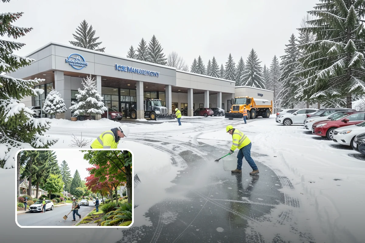 Daycare Parking Lot Snow Removal in Beaux Arts Village, King County, WA - Parents carrying children cross a cleared, deiced path to the door