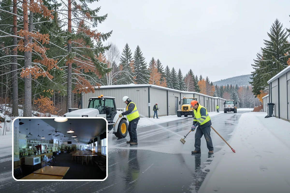 Daycare Parking Lot Snow Removal in Black Diamond, King County, WA - Parents carrying children cross a cleared, deiced path to the door