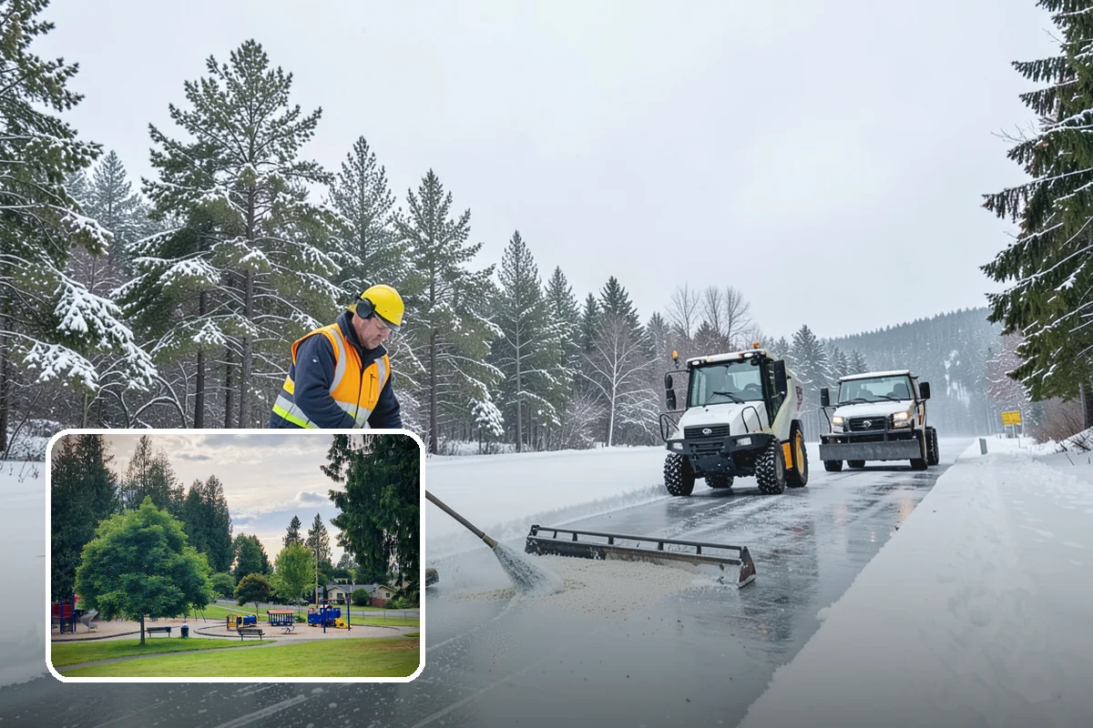 Daycare Parking Lot Snow Removal in Bonney Lake, Pierce County, WA - Parents carrying children cross a cleared, deiced path to the door