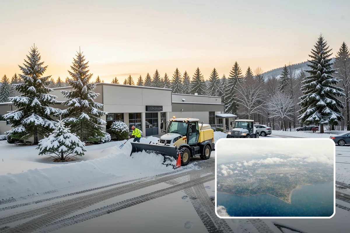 Daycare Parking Lot Snow Removal in Burien, King County, WA - Parents carrying children cross a cleared, deiced path to the door
