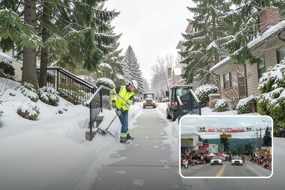 Daycare Parking Lot Snow Removal in Carnation, King County, WA - Parents carrying children cross a cleared, deiced path to the door