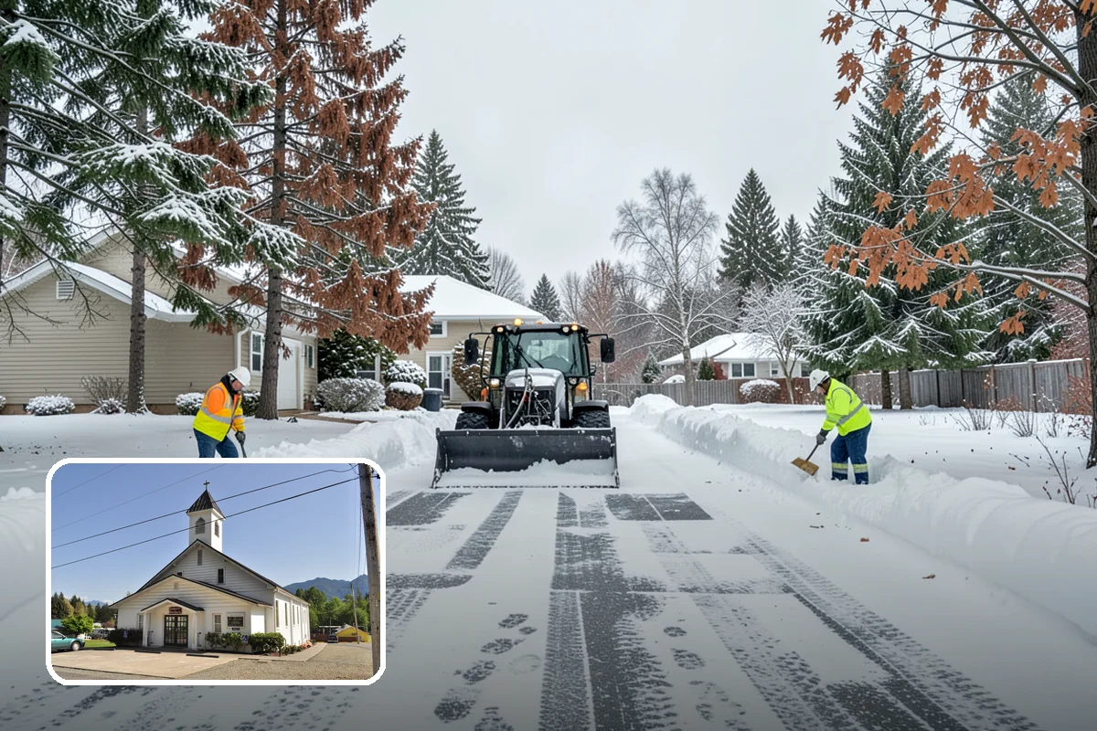 Daycare Parking Lot Snow Removal in Concrete, Skagit County, WA - Parents carrying children cross a cleared, deiced path to the door