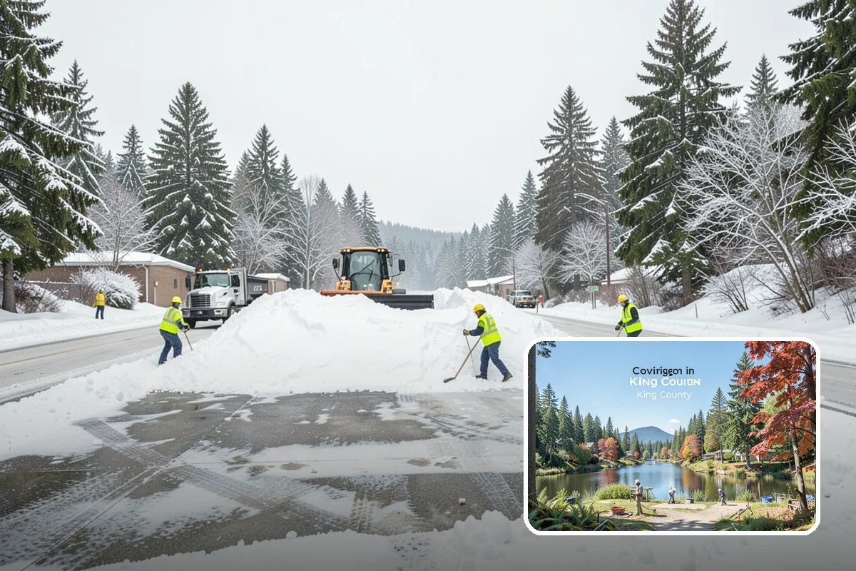 Daycare Parking Lot Snow Removal in Covington, King County, WA - Parents carrying children cross a cleared, deiced path to the door