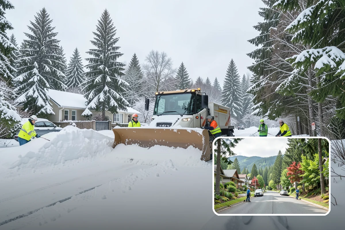 Daycare Parking Lot Snow Removal in Darrington, Snohomish County, WA - Parents carrying children cross a cleared, deiced path to the door