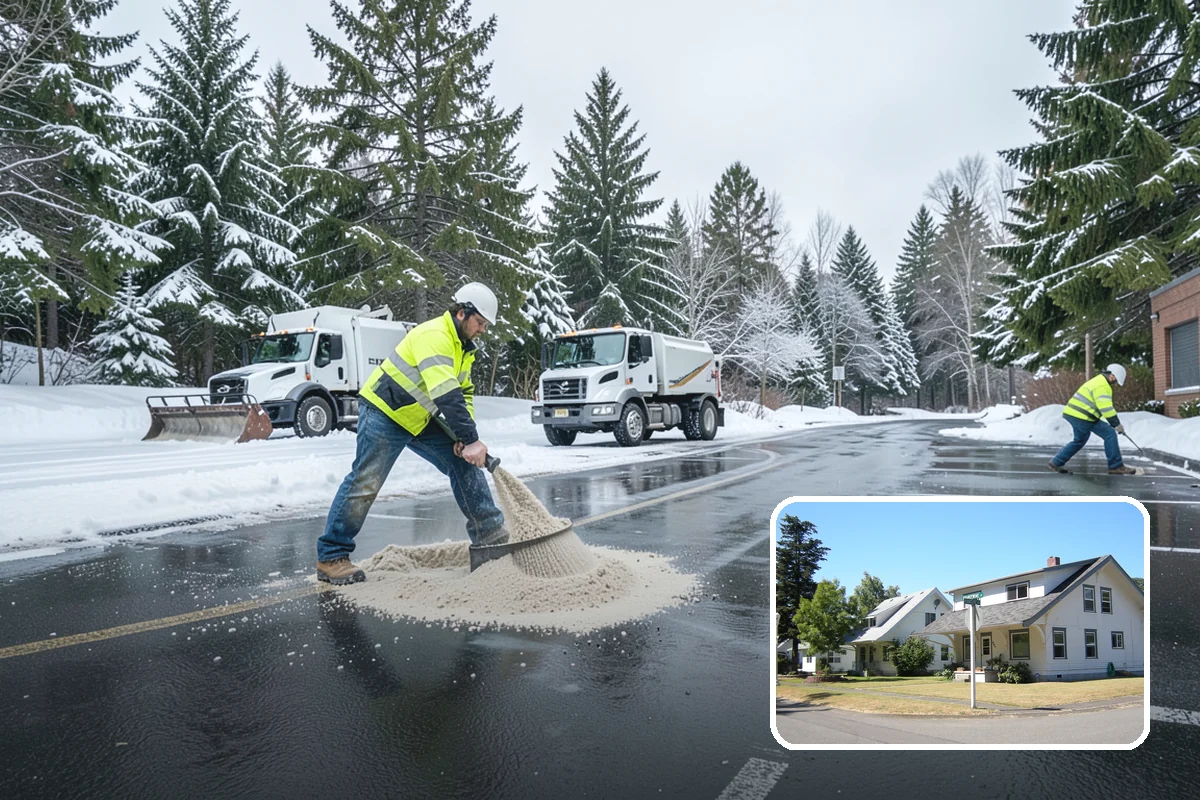 Daycare Parking Lot Snow Removal in DuPont, Pierce County, WA - Parents carrying children cross a cleared, deiced path to the door