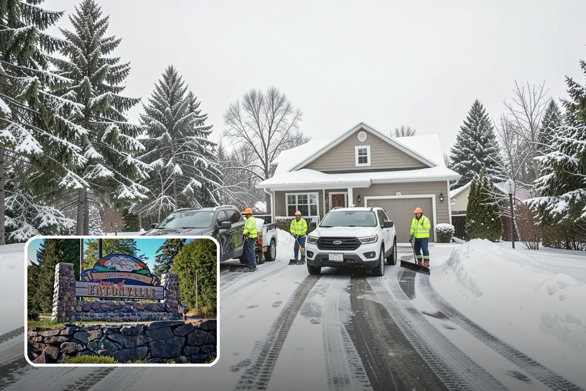 Daycare Parking Lot Snow Removal in Eatonville, Pierce County, WA - Parents carrying children cross a cleared, deiced path to the door