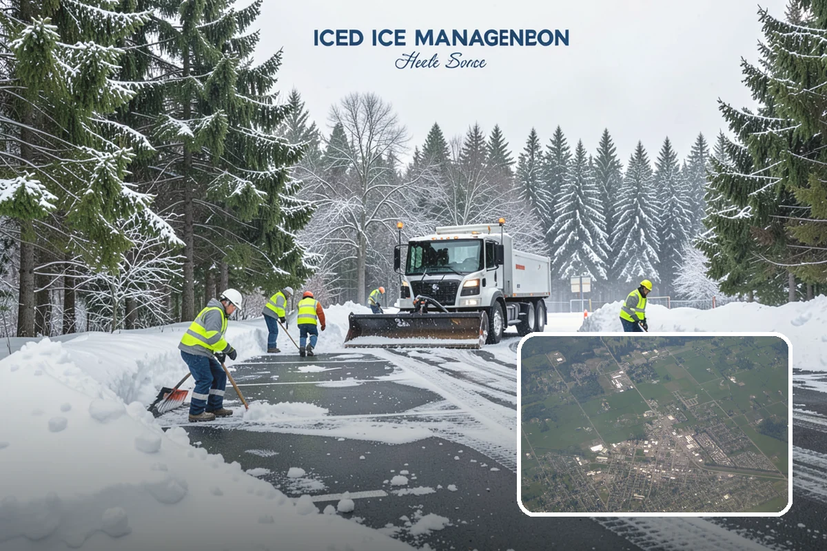 Daycare Parking Lot Snow Removal in Enumclaw, King County, WA - Parents carrying children cross a cleared, deiced path to the door