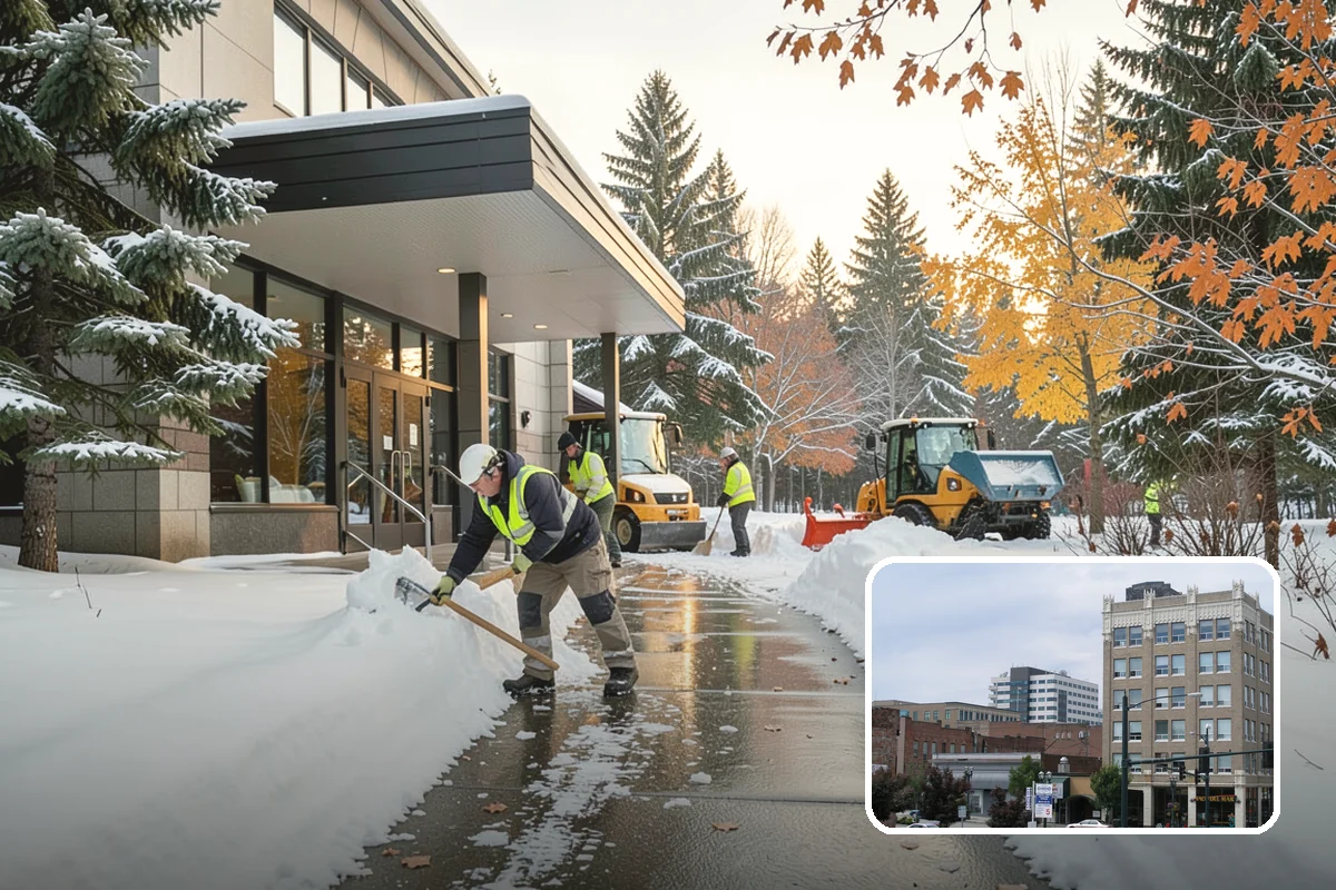Daycare Parking Lot Snow Removal in Everett, Snohomish County, WA - Parents carrying children cross a cleared, deiced path to the door