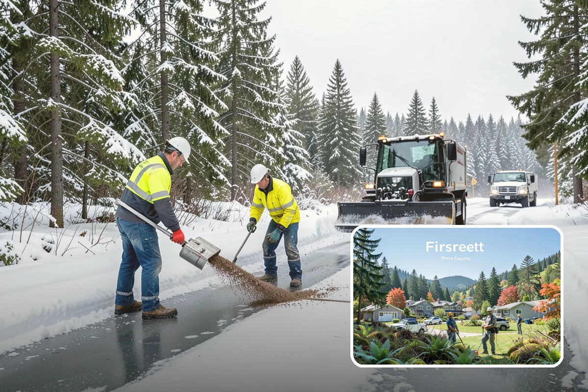 Daycare Parking Lot Snow Removal in Fircrest, Pierce County, WA - Parents carrying children cross a cleared, deiced path to the door