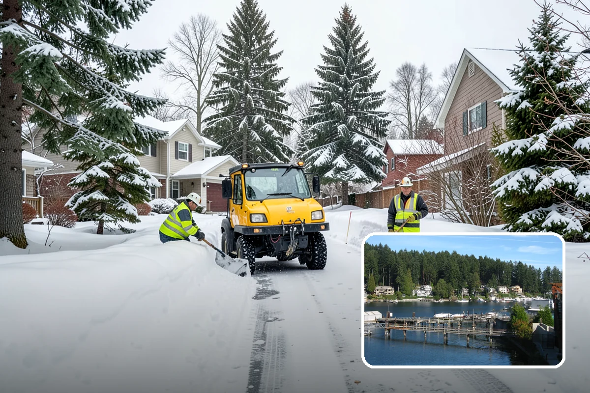 Daycare Parking Lot Snow Removal in Gig Harbor, Pierce County, WA - Parents carrying children cross a cleared, deiced path to the door