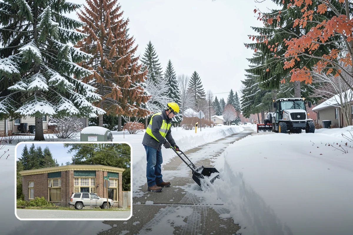 Daycare Parking Lot Snow Removal in Hamilton, Skagit County, WA - Parents carrying children cross a cleared, deiced path to the door