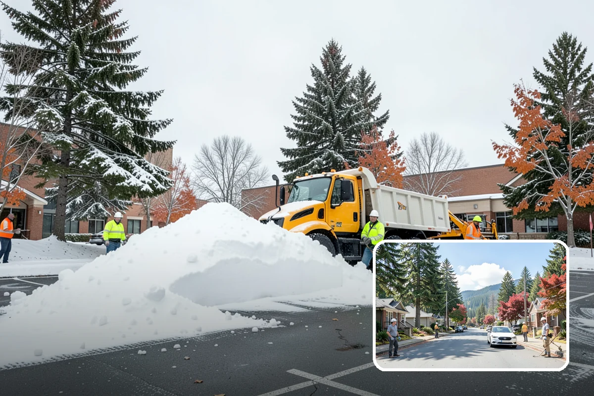 Daycare Parking Lot Snow Removal in Hunts Point, King County, WA - Parents carrying children cross a cleared, deiced path to the door
