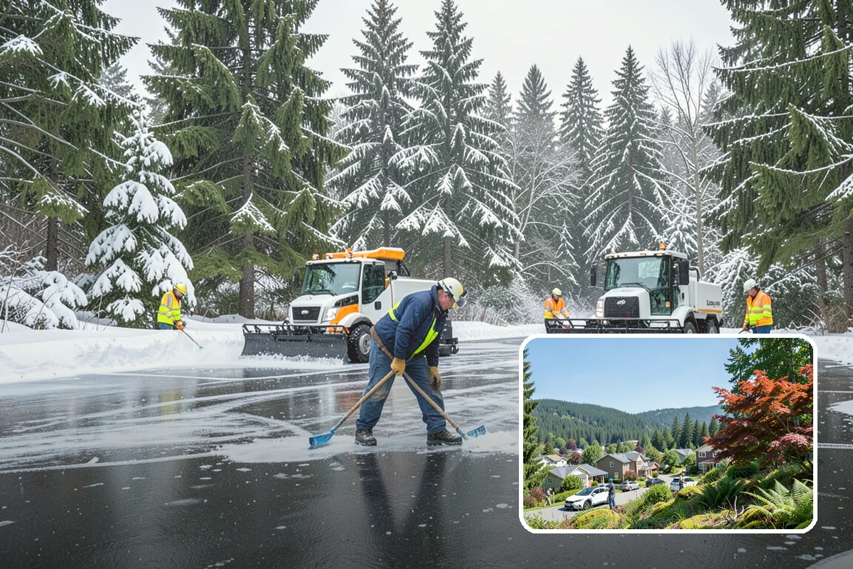 Daycare Parking Lot Snow Removal in Index, Snohomish County, WA - Parents carrying children cross a cleared, deiced path to the door